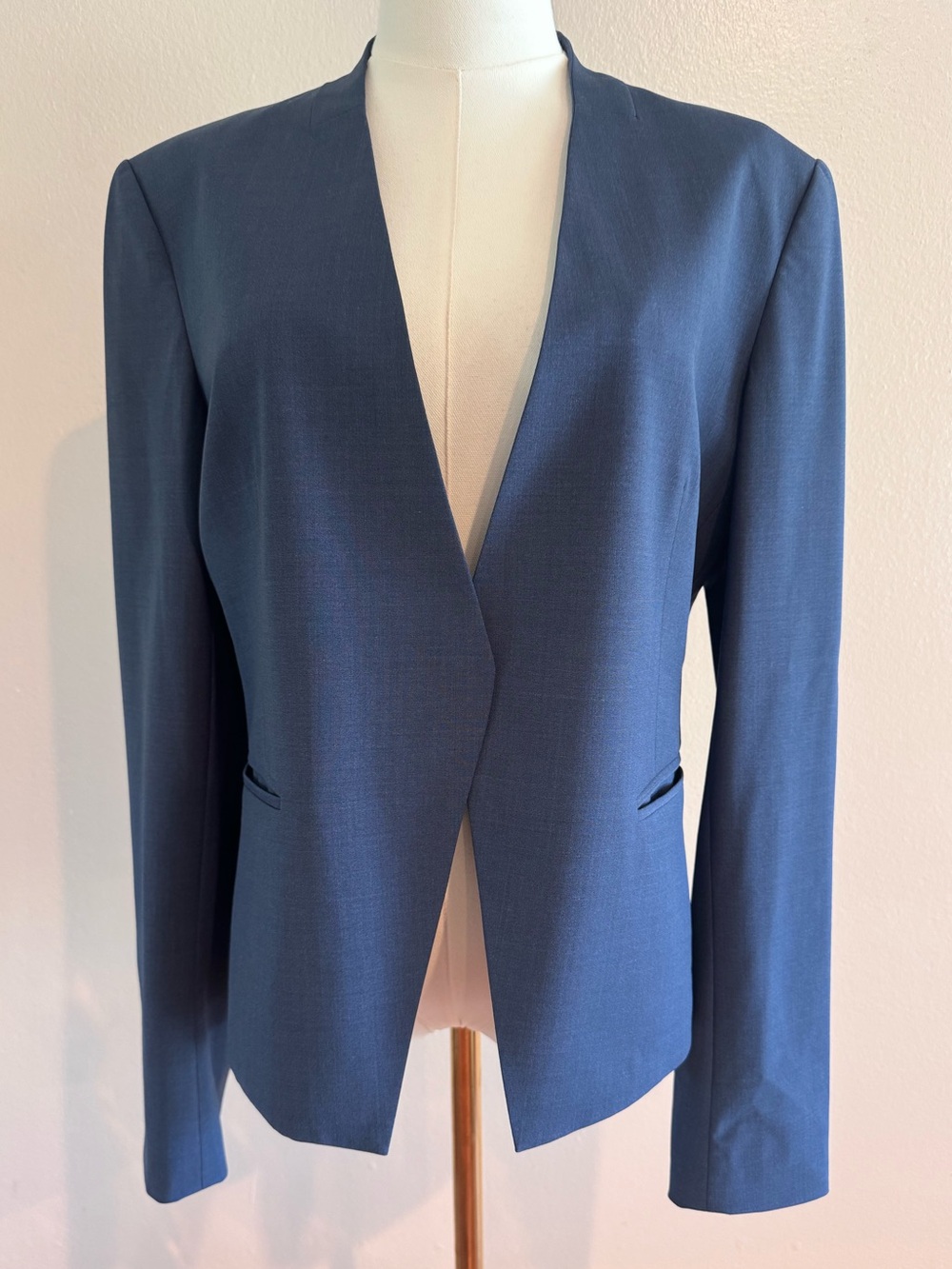 Theory Navy Blue Wool Blend Collarless Tailored Blazer Jacket Size 12